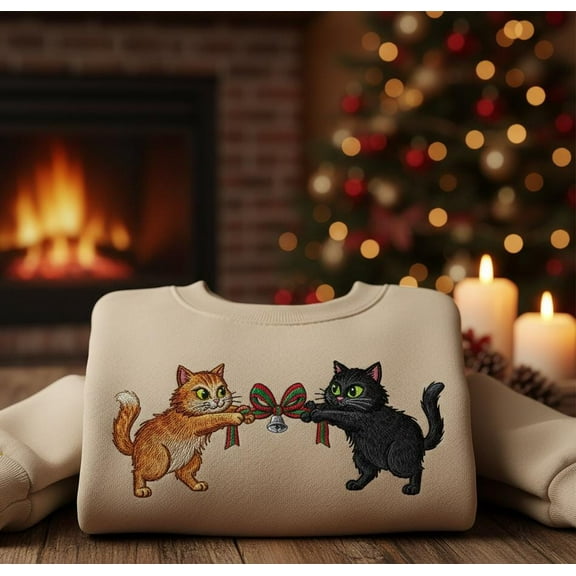 Christmas Cats Embroidered Sweatshirt, Cute Holiday Cat Lover Crewneck, Cozy Pet Gift for Christmas Season