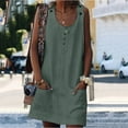 thumbnail image 2 of Womens O-Neck Cotton Linen Tank Dresses Sleeveless Solid Color Button Down Dress with Front Pockets Winter Casual Loose Mini Dress, 2 of 3