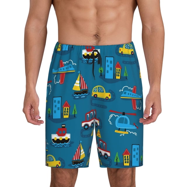 Balery Transportations with Buildings Pantalones cortos de pijama de punto de algodón para hombre con cinturilla y bolsillos-Medium