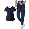 thumbnail image 2 of Minjewel Women's Asymmetric Collar Short Sleeve Scrubs for Women Set with Pockets, Stylish & Functional Scrub Set for Healthcare Workers,Navy 2XL, 2 of 8