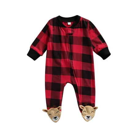 

Canrulo Newborn Baby Girl Boy Christmas Buffalo Plaid Footie Romper One Piece Zipper Sleeper Clothes Red Black B 3-6 Months