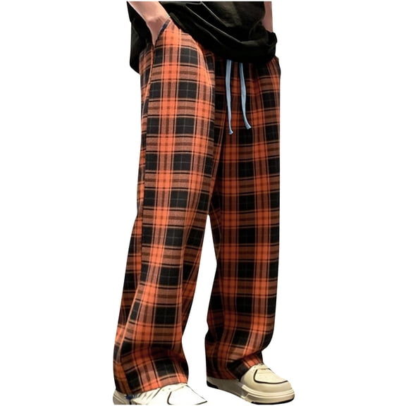 Ecqkame Men's Casual Pajama Pants Fashion Plaid Print Home Trousers Elastic Waist Soft Comfortable Long Pants with Pockets Orange XXL
