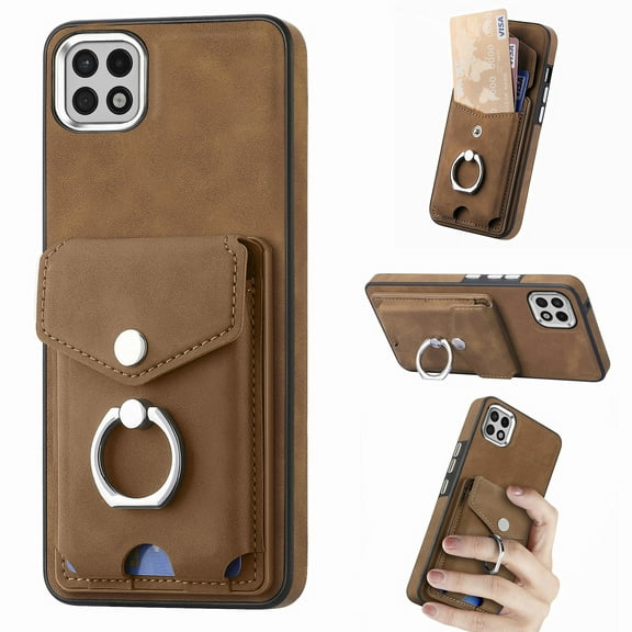 Nalacover Wallet Case for Samsung A22 5G, Premium Leather Case with Card Holder, 360°Rotation Ring Kickstand, RFID Blocking Protective Magnetic Back Clsoure Case for Samsung Galaxy A22 5G, Brown