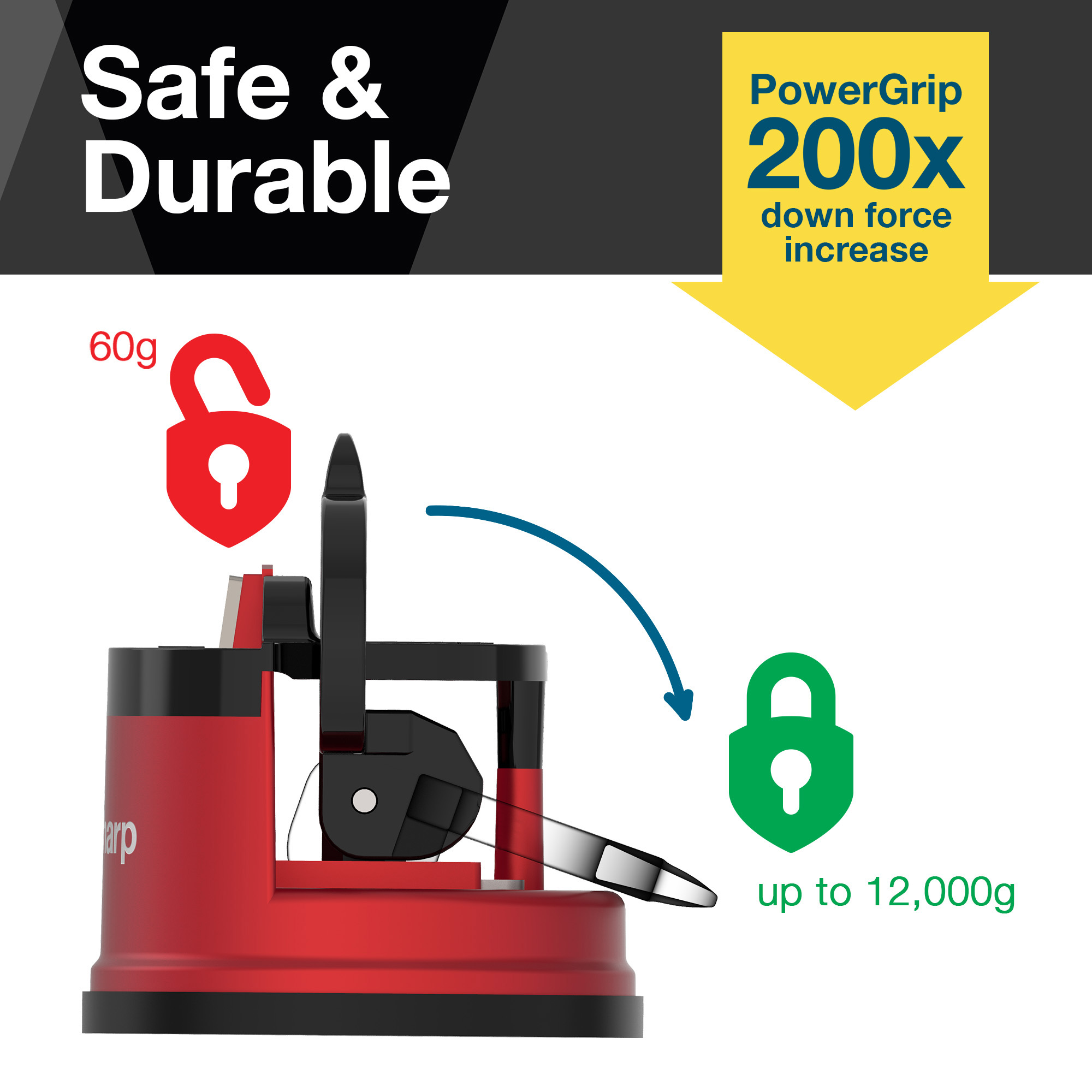 AnySharp Knife Sharpener, Hands-Free Safety, PowerGrip Suction, Sharpens All Kitchen Knives, Red