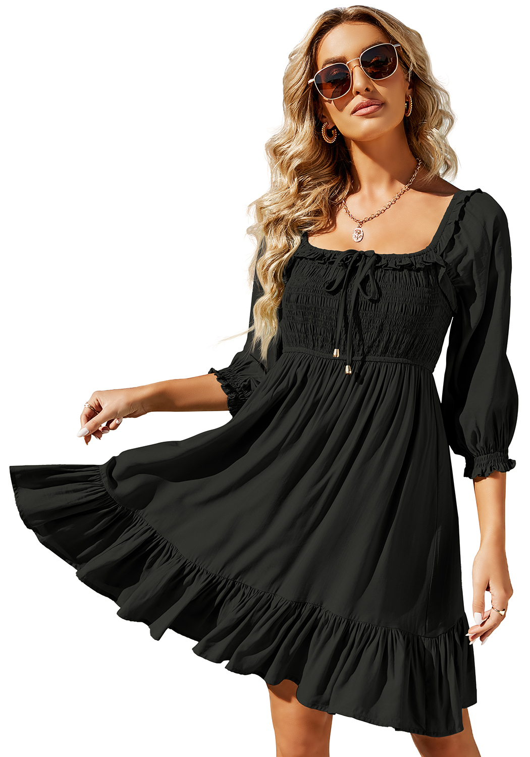 Yidarton Women Summer Square Neck Puff Sleeve Ruffle Loose A Line Mini ...