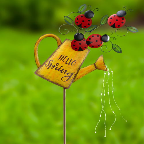 Solar Garden Yard Stake HELLO SPRING Water Can Lawn Decor LADYBUG or BUTTERFLY 
