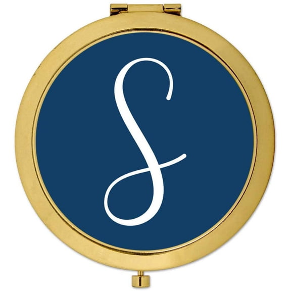 Koyal Wholesale Gold Compact Mirror Bridesmaid's Wedding Gift, Navy Blue, Monogram Letter S, 1-Pack
