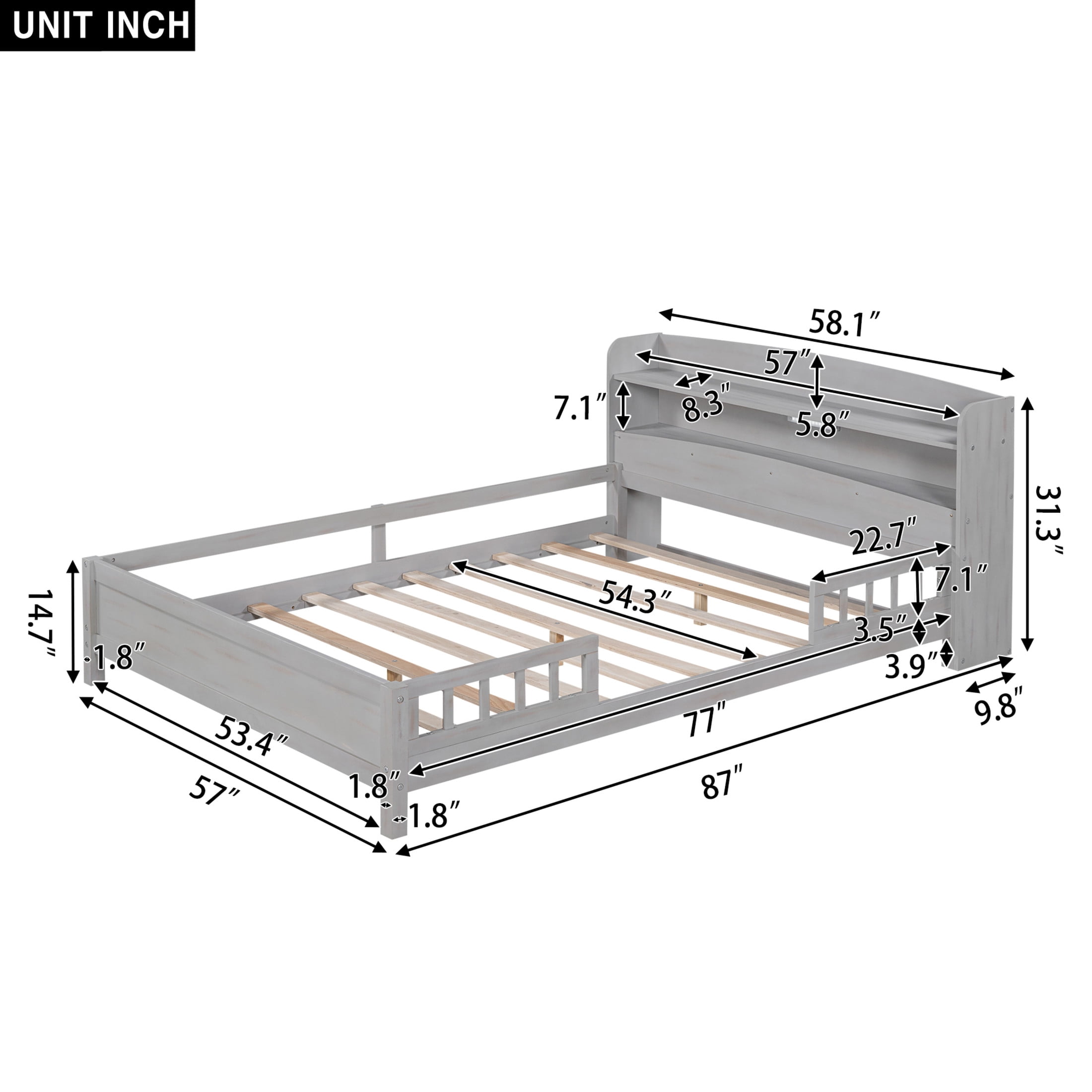 Noble House Denfern Full Size Solid Wood Platform Bed with LED Light and Storage Headboard, Antique Gray