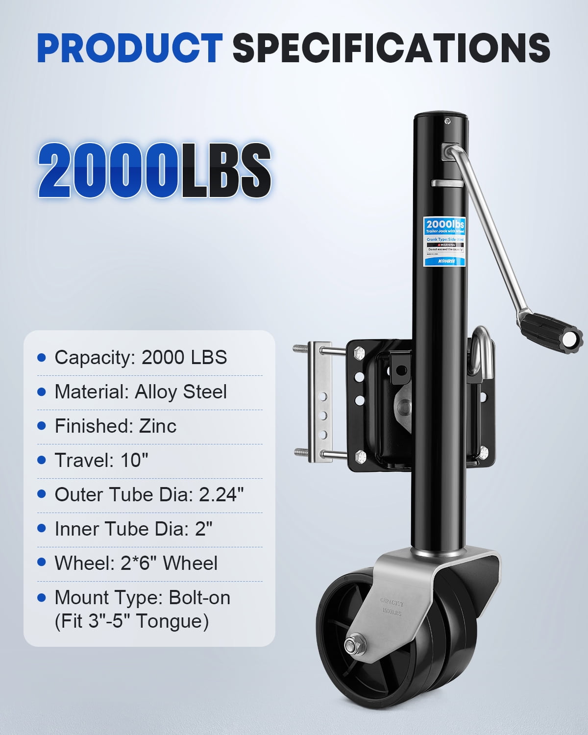 Kohree 2000lbs Trailer Jack with Wheel, Heavy Duty Swivel Boat Trailer Jack with 6" Dual Wheel & Ergonomic Handle, 12" Lift for RV Boat Trailer,Black