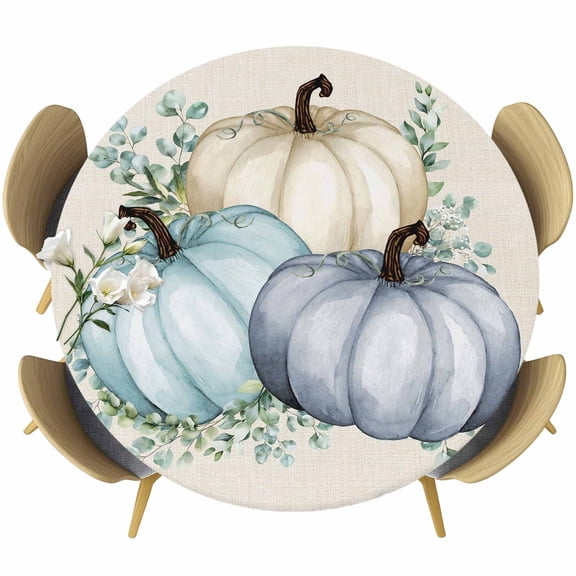 Fall Fitted Tablecloth with Elastic Edged, Round Table Cloth for Dining Table, Blue Pumpkins Thanksgiving Rustic Eucalyptus Leaf Waterproof Oil Proof Table Cover for Indoor Outdoor 55"-60"