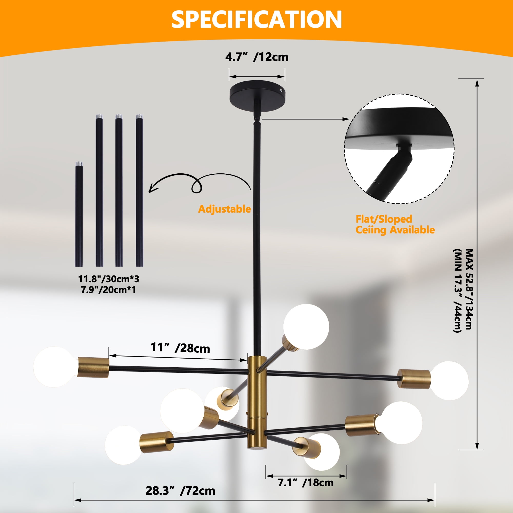 LISUNAR Chandelier,Sputnik ceiling light fixture,8 light modern chandelier,Black and Gold Mid Century Plating,Chandeliers for dining room,Height Adjustable for Living Room and Bedroom