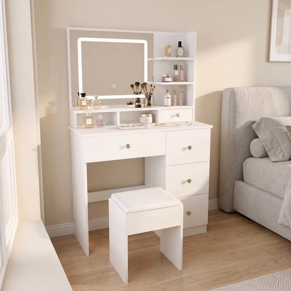 iooHug Vanity Desk with Mirror and 3-Color LED Lights, 5 Drawers, Open Storage Shelves, Hair Dryer Holder and Power Outlet, Makeup Table with Stool, White