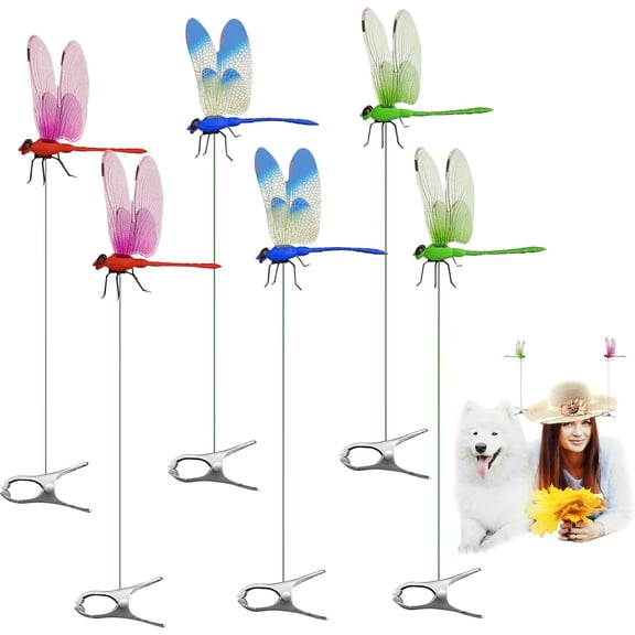 6 Pack Colorful Dragonfly Clip, 3D Simulation Dragonfly Pole for Outdoor Indoor Fake Plastics Dragonfly for Garden Stakes Yard Patio Ornaments with Clip for Hat Clothes, Fly Scare Devices