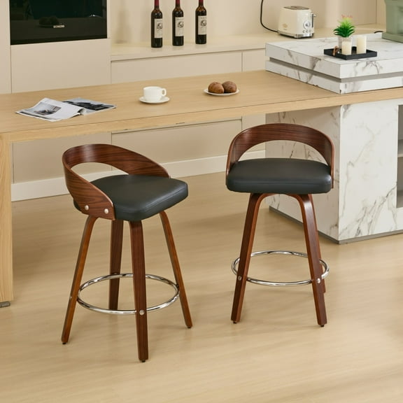 HomePerch Swivel Bar Stools Set of 2, 25" Counter Height Upholstered Bar Chairs with Low Back, Faux Leather Seat & Walnut Wood Frame for Kitchen Island, Dining, Black