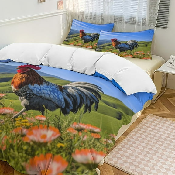 Rooster Vintage Barn Colorful Flowers 3 Pieces Duvet Cover with Zipper Closure,Premium Polyester Lightweight Bedding Set