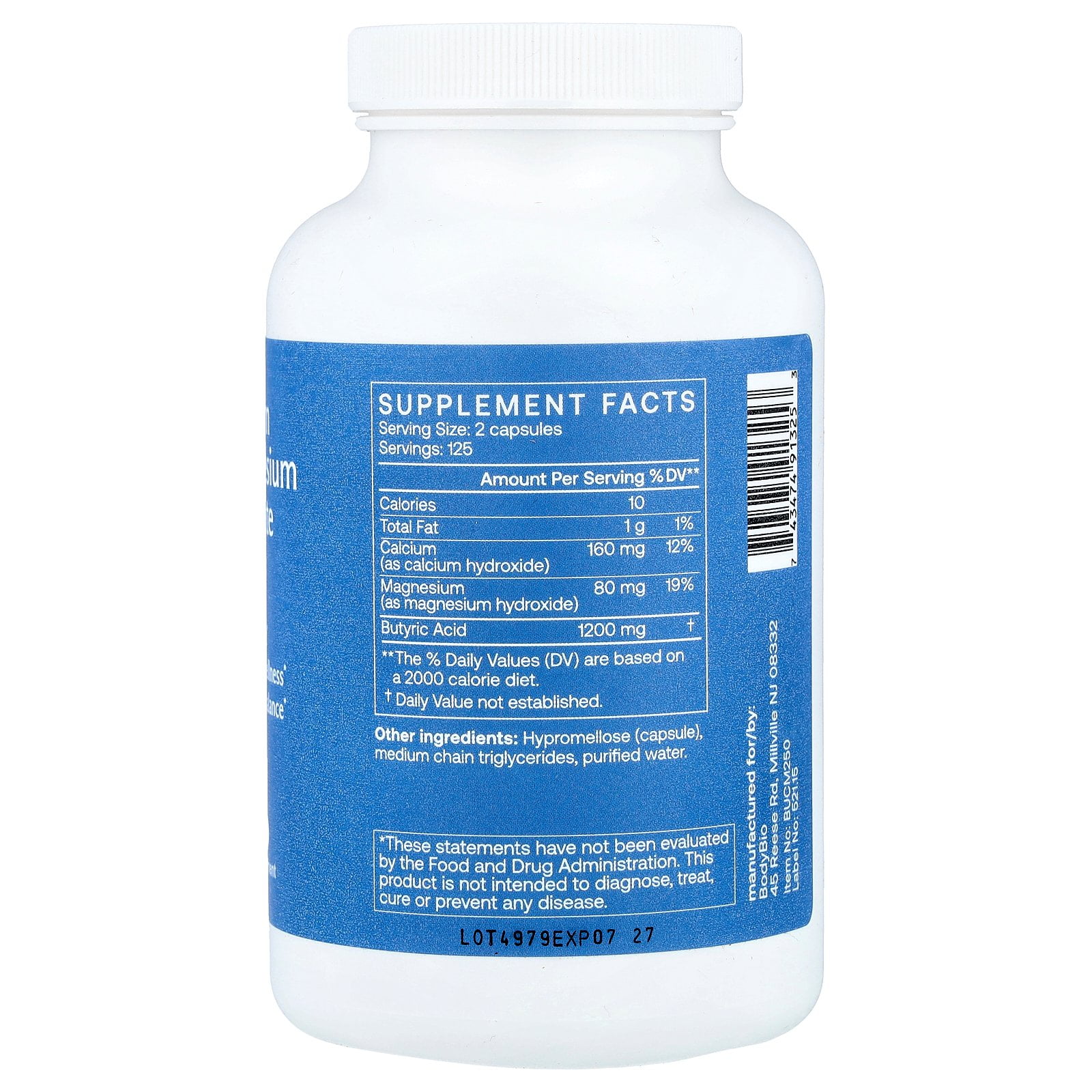 BodyBio Calcium Magnesium Butyrate, 250 Capsules
