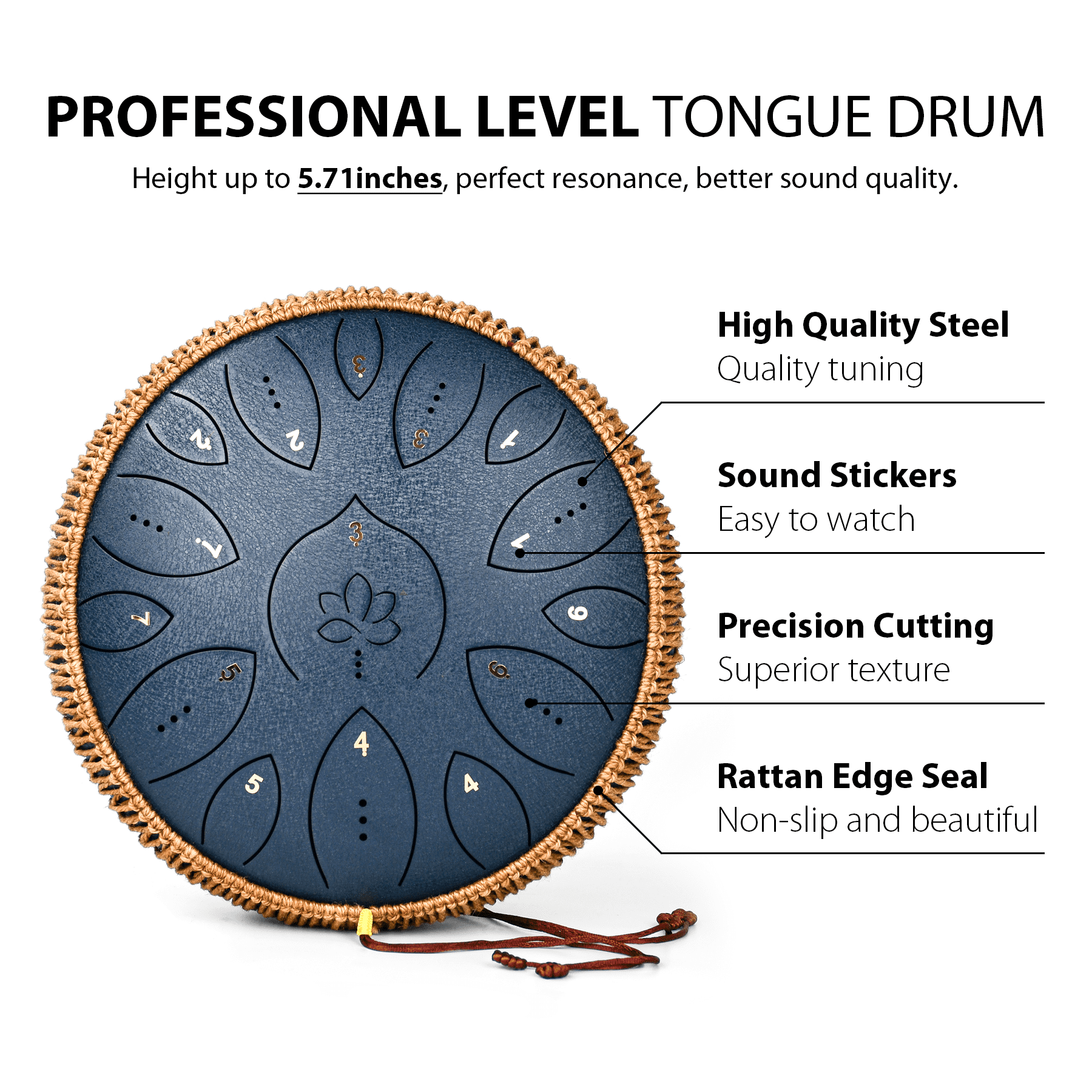 Lidguni Steel Tongue Drum 13" 15-Notes Tongue Pan Drums for Adults, C Major, Navy Blue