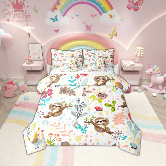 Erosebridal Sloth Twin Bed In A Bag With Sheets Cute Sloths Comforter Set 7 Piece Woodland Botanical Leaves Flower Bedding Set Jungle Wildlife Bed Set Cartoon Animal Room Decor