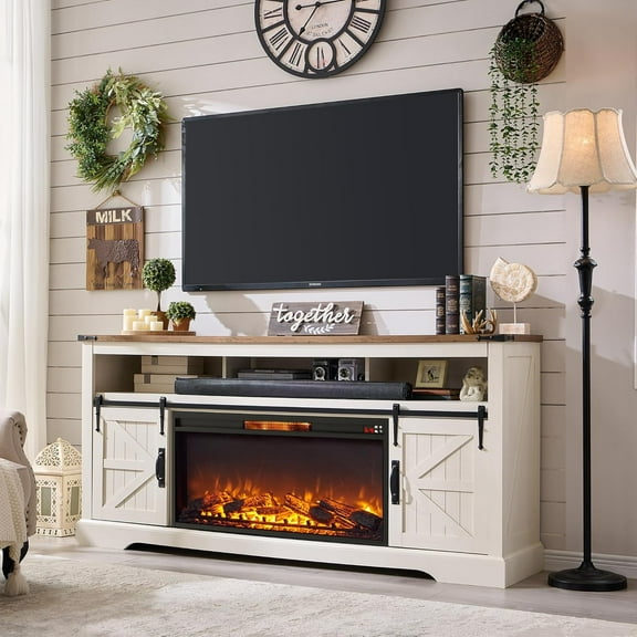 OKD Farmhouse Fireplace TV Stand for 80" TV, Highboy Entertainment Center with 36" Electric Fireplace, Media Console with Sliding Barn Door for Living Room, Antique White