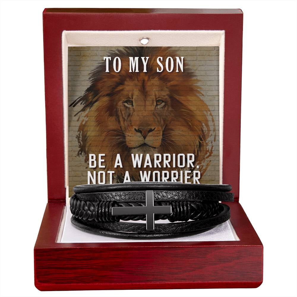 To My Son Be a Warrior Not a Worrier Men's Cross Bracelet - Vegan Leather with Stainless Steel