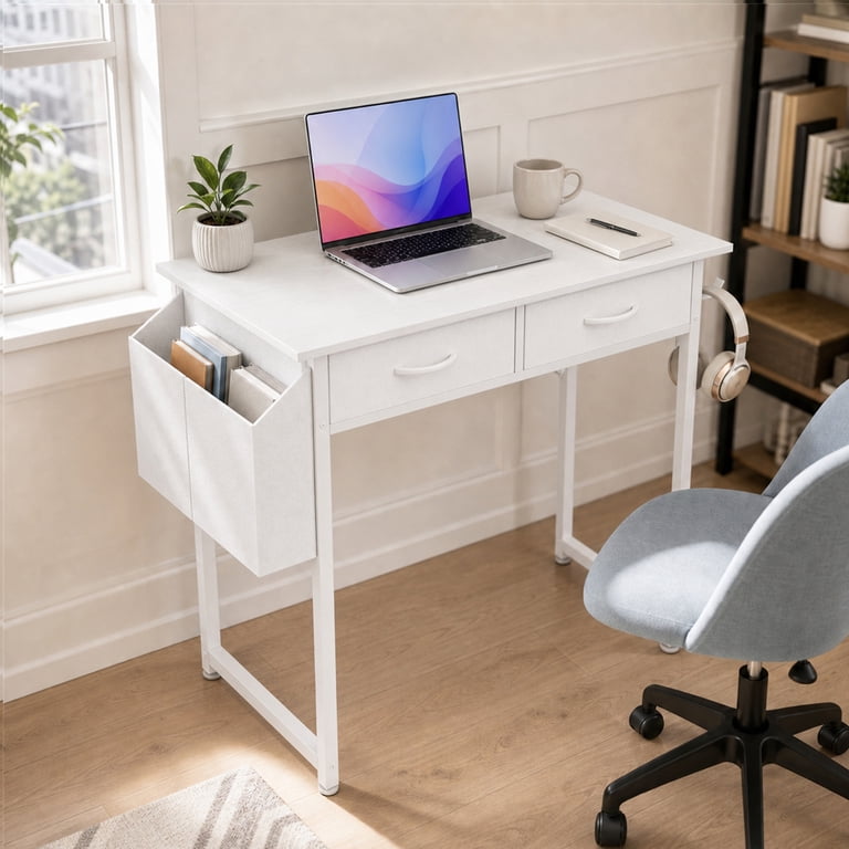 edx Small Desk with Fabric Drawers & Storage Bag Iron Hook, Home