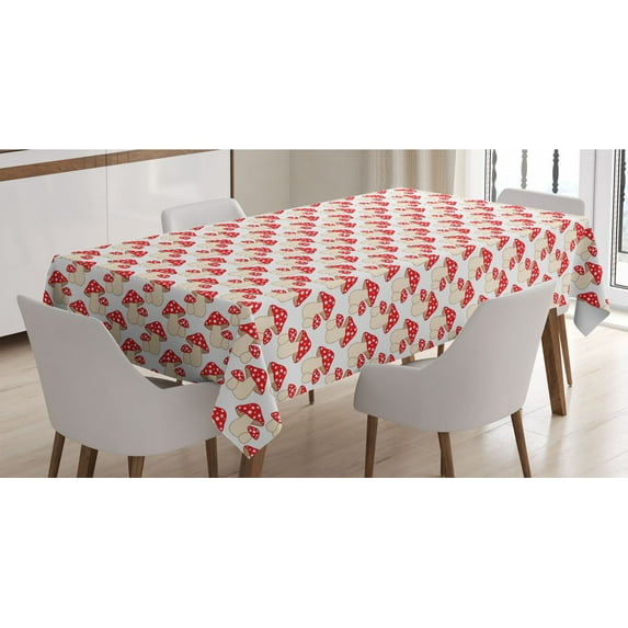 Mushroom Tablecloth, Cartoon Style Amanita Mushrooms Dotted Forest Plants Summer Nature Design, Rectangle Satin Table Cover Accent for Dining Room and Kitchen, 60" X 84", Cream Red, by Ambesonne