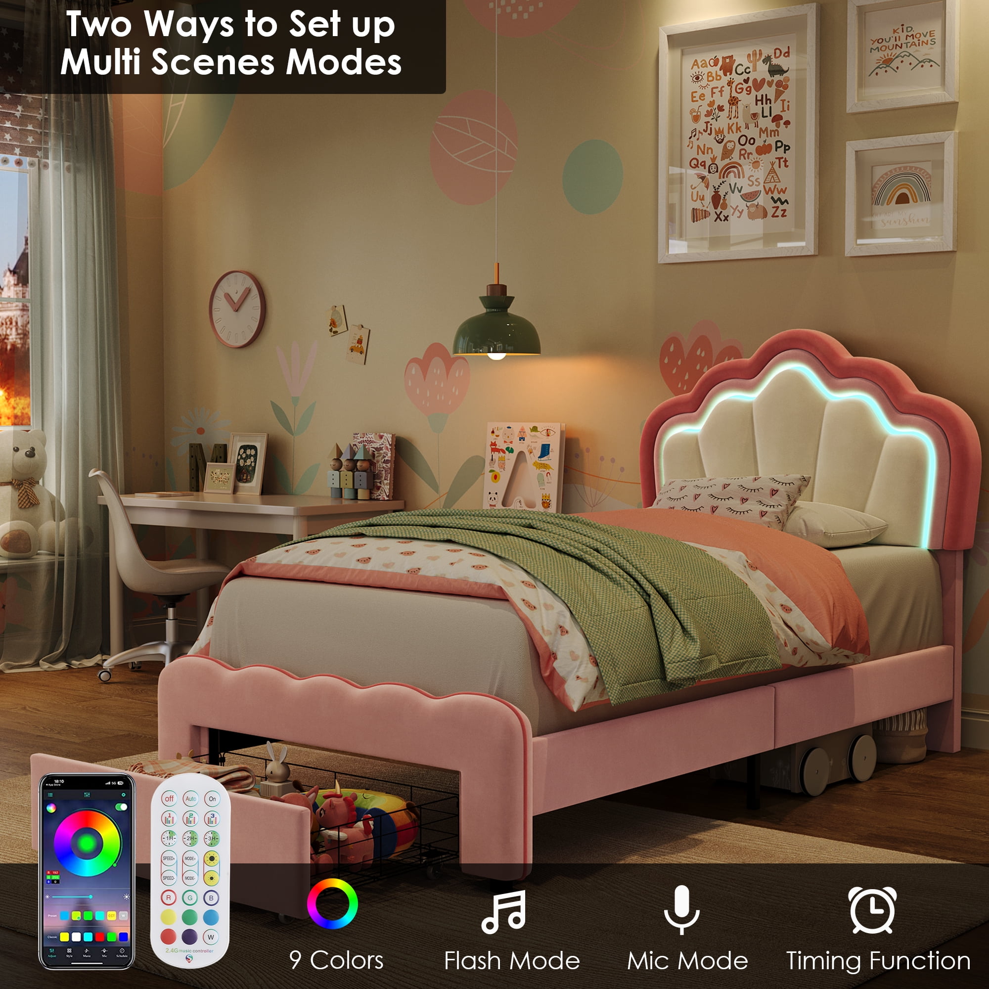 Homfa Twin Size LED Bed Frame with Drawer, Velvet Upholstered Platform Bed Frame with Adjustable Petal Headboard, Pink
