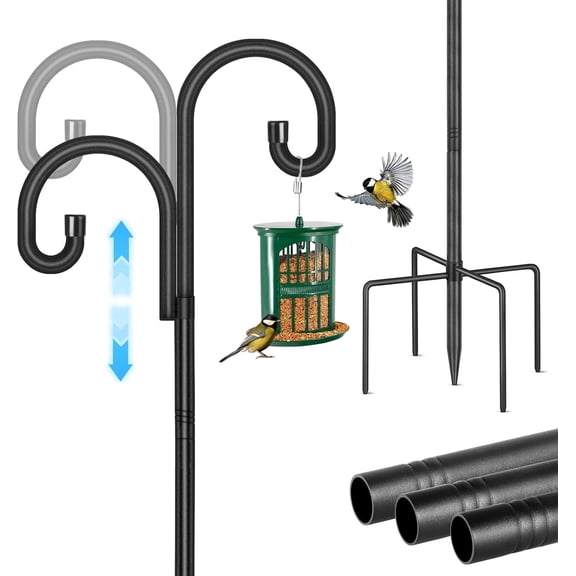 KOLAKO Double 194cm Shepherds Hooks, Heavy Duty Adjustable Bird Feeders Poles Stand Metal, for Outdoor Garden Yard Patio,Black