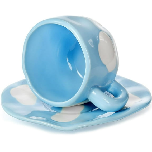 Espresso Cup with Saucer,10oz Ceramic Coffee Mug Chubby Handle Cappuccino Mug Tea Cup Set Bubble cup,Blue White