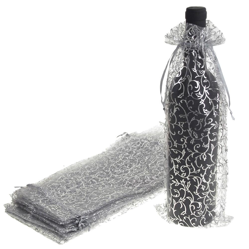 Holiday Swirl Organza Wine Bottle Bags, 13Inch, 12Piece, Silver