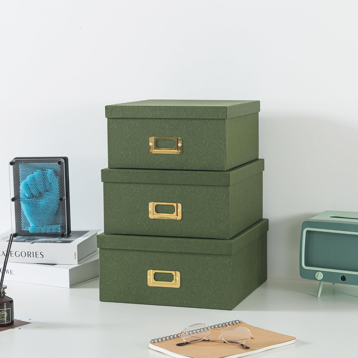 Square Stacking Boxes with Lids and Gold Label Holders, Decorative Photo Storage, Nesting Cardboard Set for Decor and Organizing