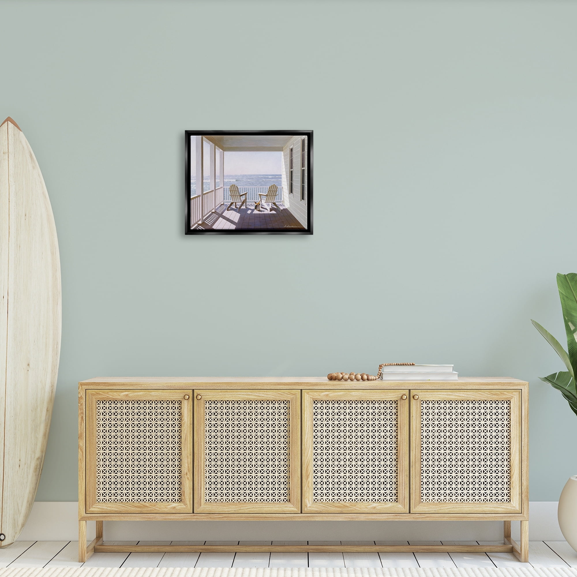 Stupell Industries Porch Chairs Overlooking the Tide Realistic Painting Jet Black Framed Floating Canvas Wall Art, 16x20, by Zhen-Huan Lu