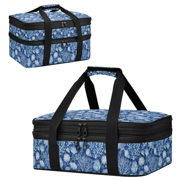 Large Double Decker Insulated Casserole Carrier Expandable 2-Layer Thermal Food Tote Bag Indigo Sea Life Pattern Hot Cold Pizza Lasagna Holder for Potluck Picnic Party Camping