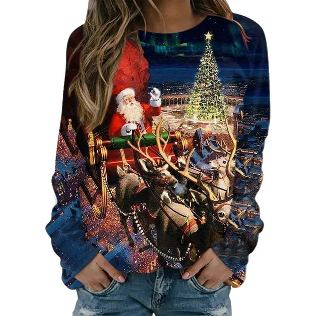 Chandail en Molleton de Noël pour Femmes Imprimé Mode Pull Col Rond Pull Chaud Manches Longues Fermeture Cardigan Vacances Xmas Veste Mi-Longue