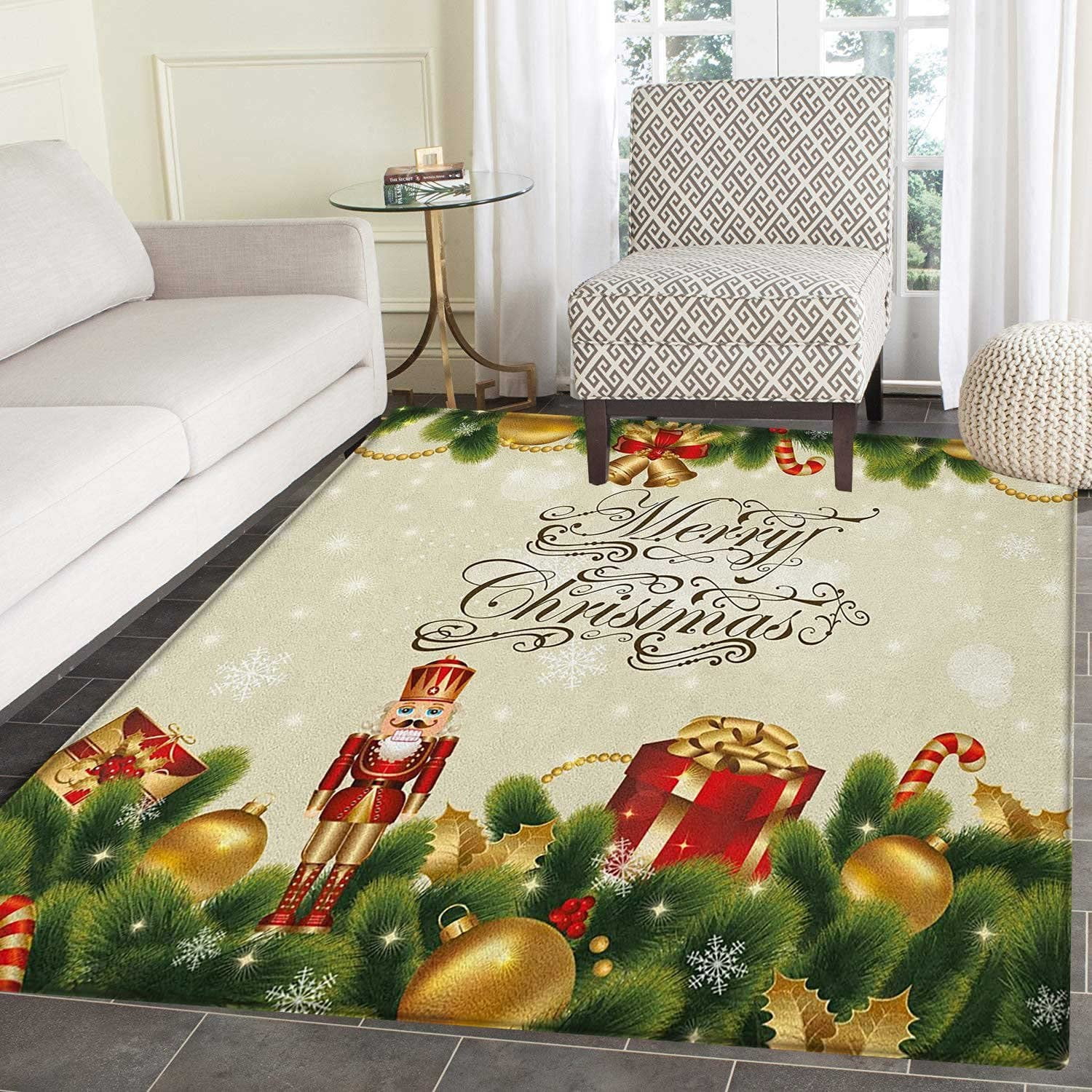 Christmas Area Rug Carpet Festive Celebratory Pine Tree with Snowflakes and Stylized Writing 
