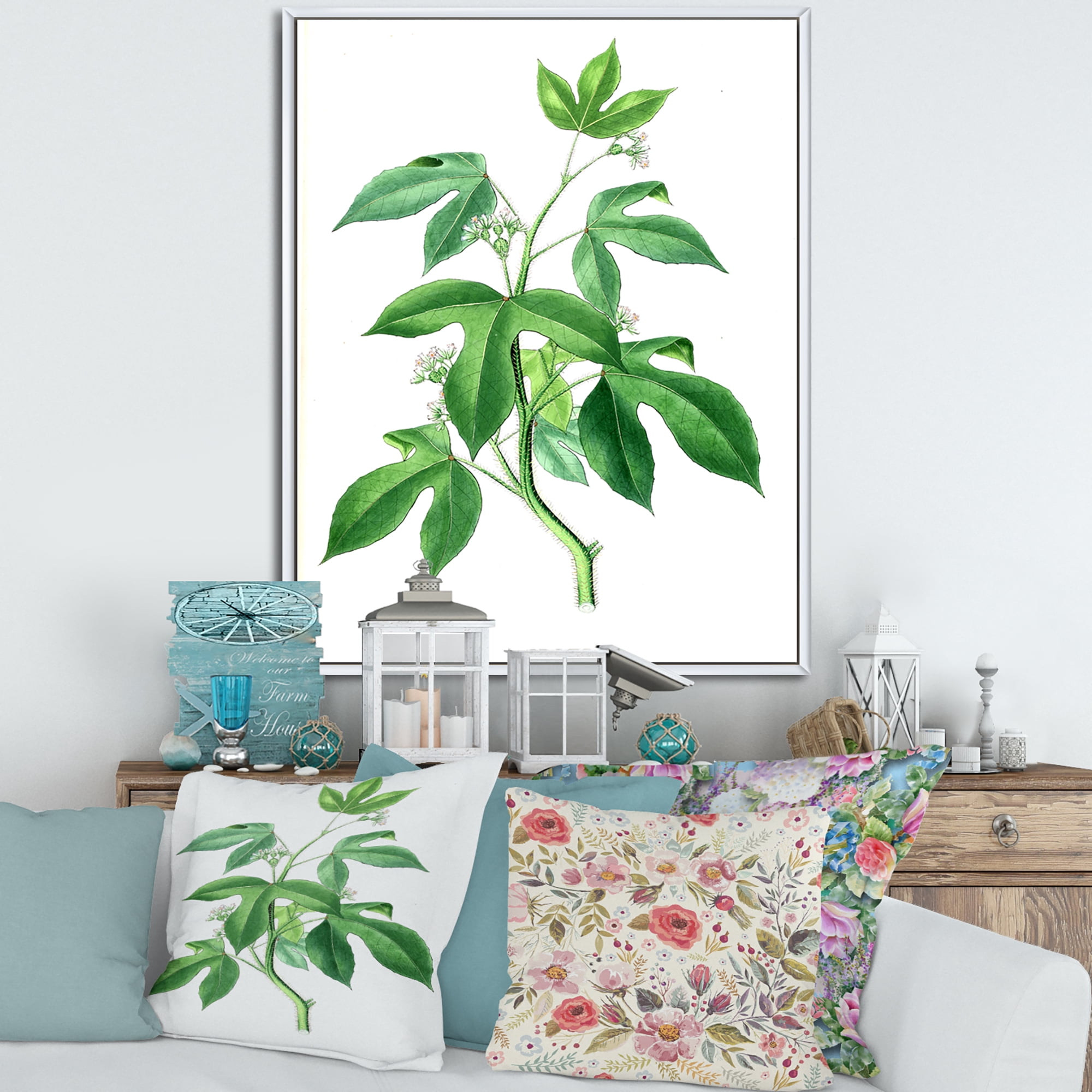 Designart 'Ancient Green Leaves Plants V' Traditional Framed Canvas Wall Art Print