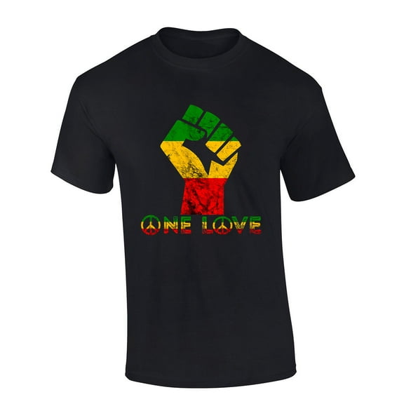 Mens Marley Tshirt One Love Peace Sign Fist Rasta Flag Short Sleeve T-shirt-Black-small