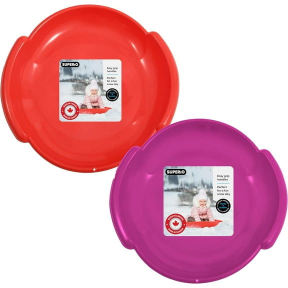 Superio Round Saucer Snow Sled, Red and Fuchsia Pink, 2 Pack Spiral Plastic Sled with Handles 24" Winter Snow Fun for Kids and Adults