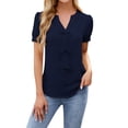 thumbnail image 2 of Lixiuxyad Fashionable V Neck Solid Color Short Sleeve T Shirt For Women With Tie Bow Detail Dressy Casual,Blue M, 2 of 6