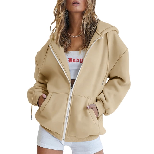 Zmoon Sweat à Capuche Décontracté pour Femmes Couleur Unie à Manches Longues avec Poche Zippée
