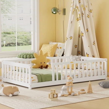 Mirightone Twin Size Floor Bed, Wood Montessori Floor Beds with Fence Railings and Slats Support, Twin Playhouse Bed Frame, No Box Spring Needed, (White)