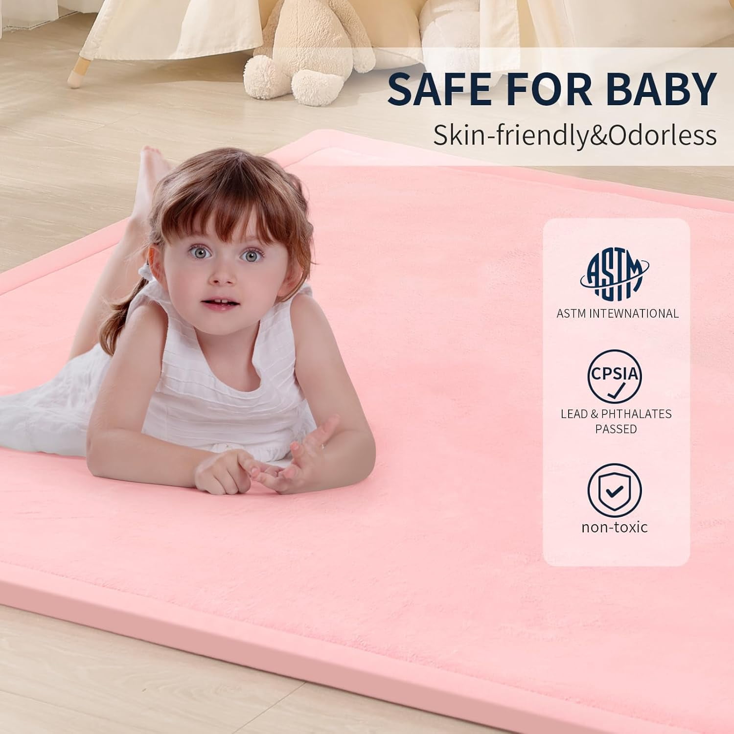 Baby Play Mat for Floor 1.3" Thick Memory Foam Play Mat 39"×59" Tummy Time Crawling with Non-Slip Bottom for Living Room,Nursery,Soft Velvet Playpen Mats for Kids,Infants（Pink）