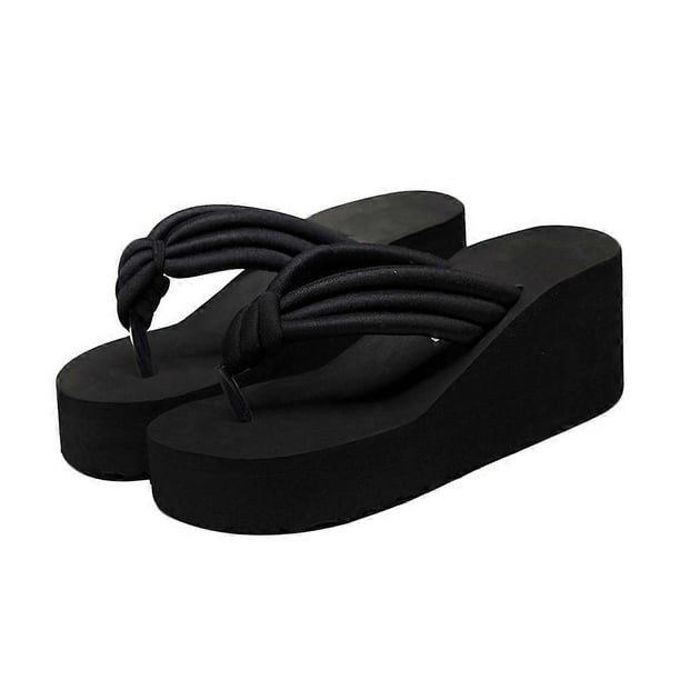 High Heel Platform Slippers Fashion Flops Slope Non-slip Resort Beach Black Knoted Sandals for Women Female(Size 38)