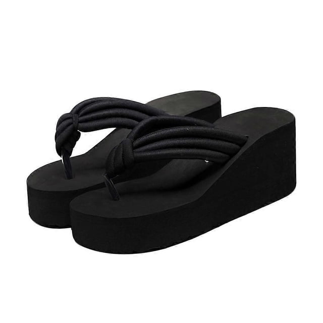 High Heel Platform Slippers Fashion Flops Slope Non-slip Resort Beach Black Knoted Sandals for Women Female(Size 37)