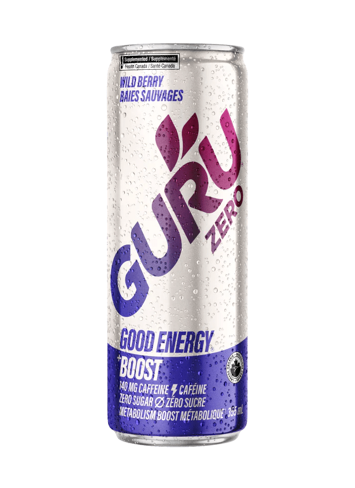 GURU Organic Energy Drink, Sugar Free, Sugar Free, Wild Berry, 355ml can, A juicy and bold berry blend. Wild energy with zero sugar and zero artificial flavours. 355ml can.