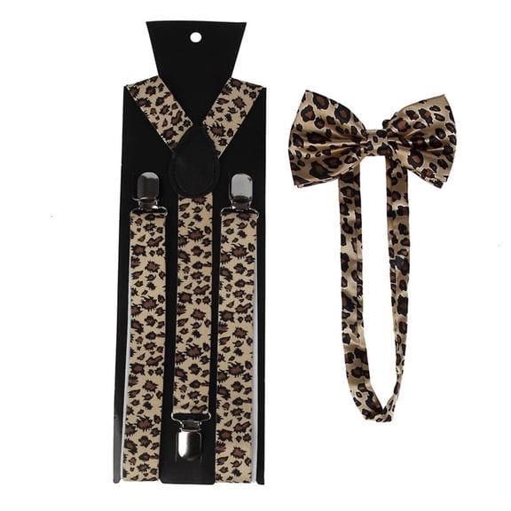 Giaone Unisex Suspender Bow Tie Set Wide Leopard Print Adjustable 3 Clip-On Y-Back Belt