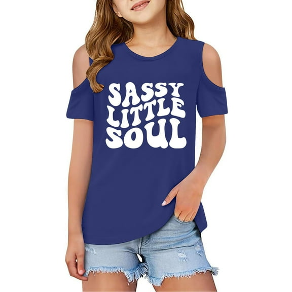 Girls Tshirts Letter Print Short Sleeve T Shirts Shoulder Cut-Out Summer Crewneck Tops Basic Tees Girls Shirts Size 11-12 Years