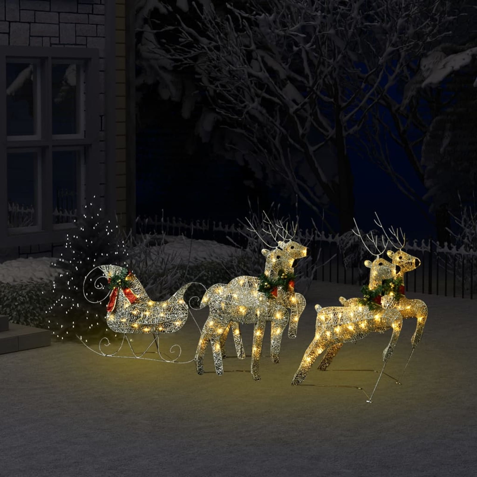 warm white reindeer and sleigh outdoor