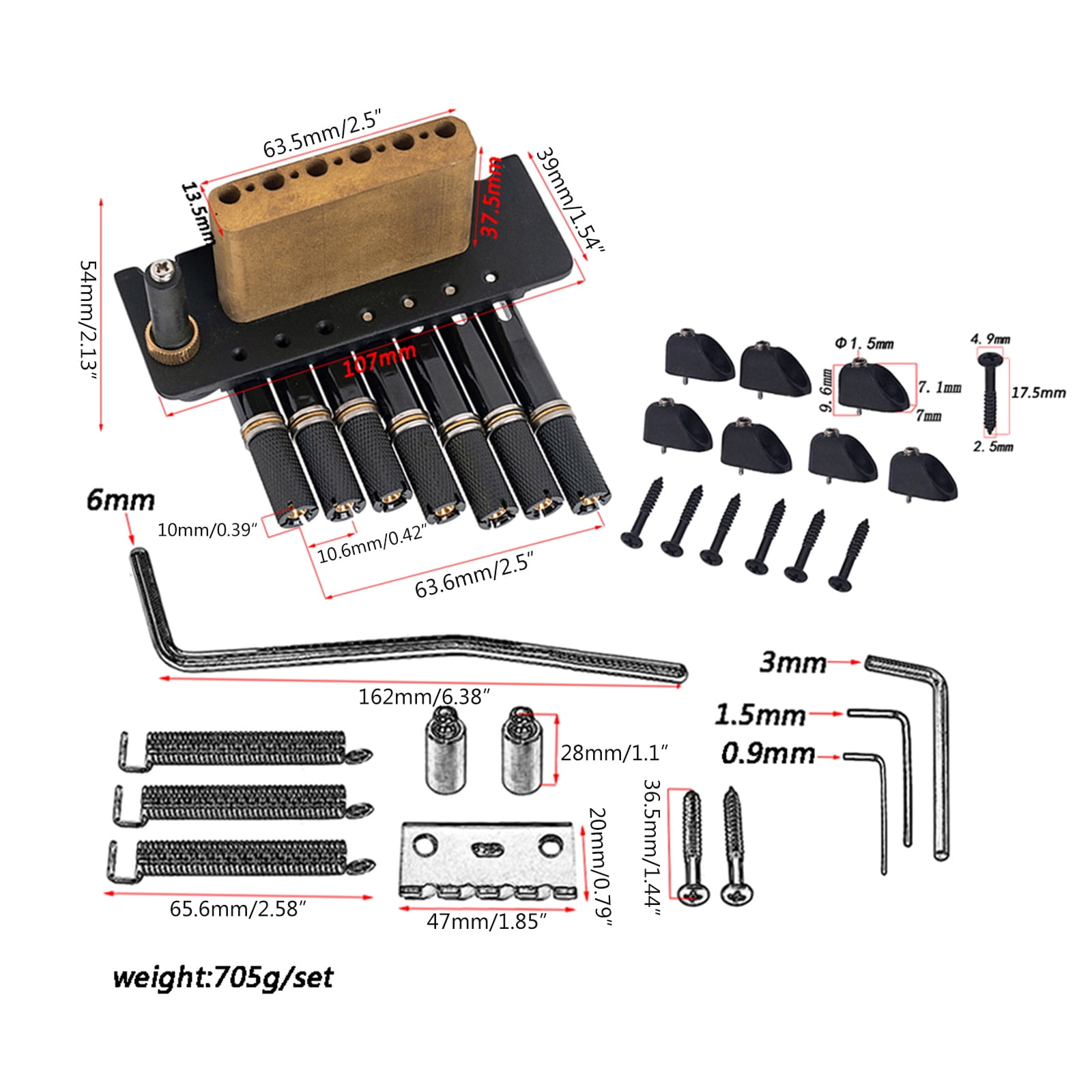 Headless Guitar Bridge Tremolo Set with Mounting Screws Tailpiece 6/7 Strings Electric Guitar Replacement Parts