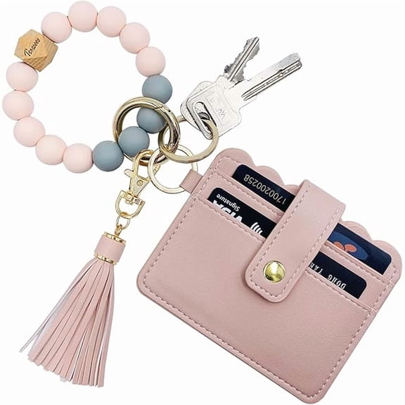 ZLCKeychain Wallet Wristlet Small Credit Card Holder Bracelet Key Chain Purse Bangle Tassel Beads Key Rings for Women